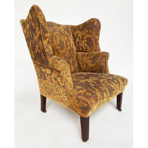 184 - WING ARMCHAIR, 19th century mahogany, in George III style, with tapestry type upholstery and matchin... 