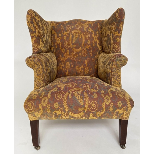 184 - WING ARMCHAIR, 19th century mahogany, in George III style, with tapestry type upholstery and matchin... 