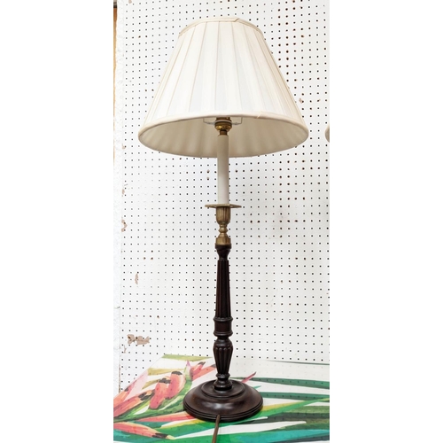 466 - TABLE LAMPS, a pair, 68cm H candlestick design, with shades. (2)