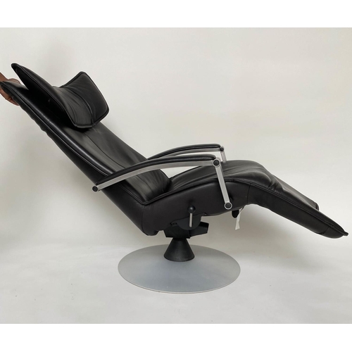 348 - JORI RECLINING ARMCHAIR, 1970s Belgium, black leather, reclining and revolving with rising foot rest... 