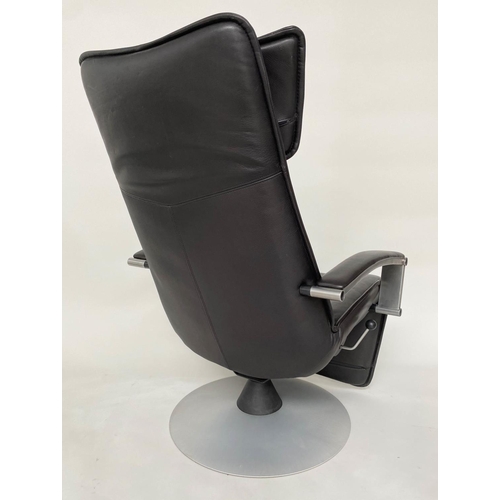 348 - JORI RECLINING ARMCHAIR, 1970s Belgium, black leather, reclining and revolving with rising foot rest... 