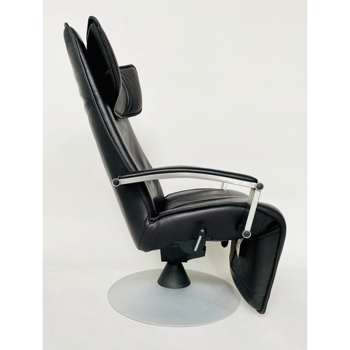 348 - JORI RECLINING ARMCHAIR, 1970s Belgium, black leather, reclining and revolving with rising foot rest... 