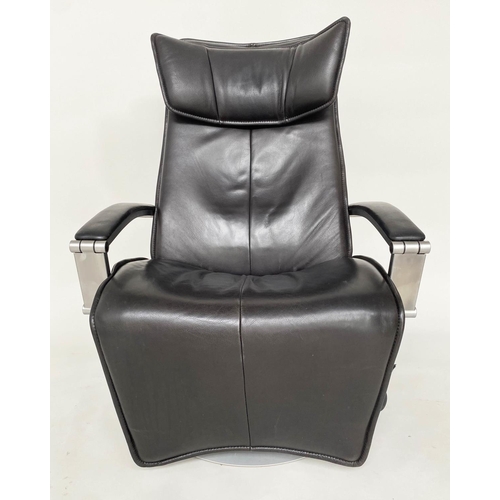 348 - JORI RECLINING ARMCHAIR, 1970s Belgium, black leather, reclining and revolving with rising foot rest... 