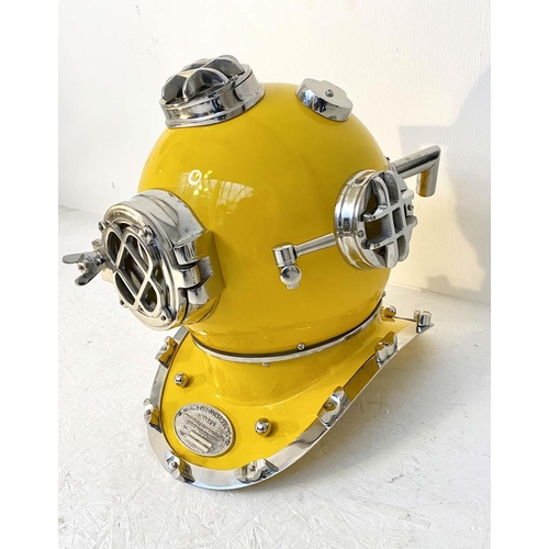 499 - DISPLAY DIVING HELMET, decorative reproduction US Navy design, lacquered yellow finish, 46cm x 46cm ... 