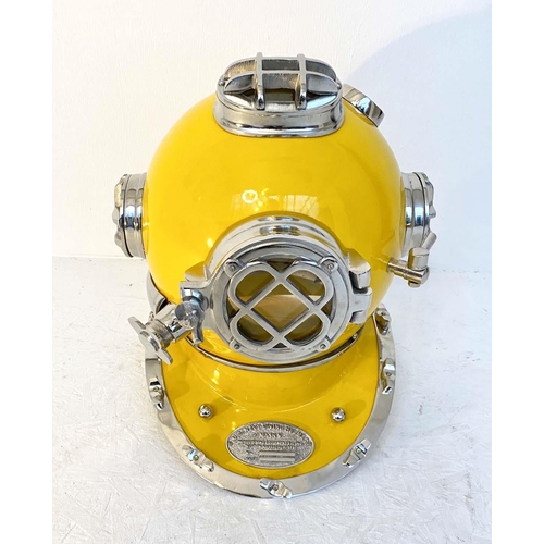 499 - DISPLAY DIVING HELMET, decorative reproduction US Navy design, lacquered yellow finish, 46cm x 46cm ... 