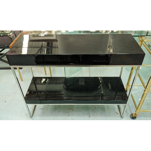 471 - CONSOLE TABLES, a pair, lacquered two tier design, 100cm x 35cm x 80cm. (2)