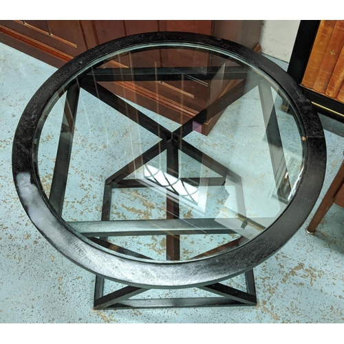 472 - SIDE TABLE, X frame design, ebonised, glass top, 710cm x 61cm H.