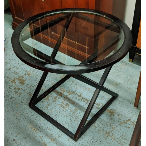 472 - SIDE TABLE, X frame design, ebonised, glass top, 710cm x 61cm H.