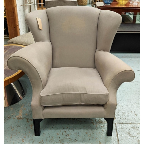 491 - SOFA WORKSHOP WING BACK ARMCHAIR, grey upholstery, matt black feet, 107cm H x 112cm W x 75cm D.