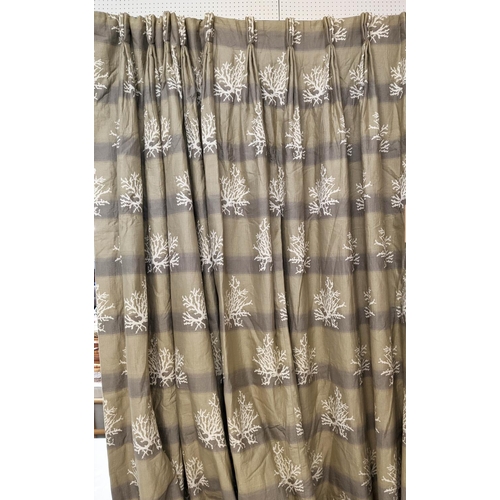 492 - CURTAINS, pair, with cream and grey decoration on a gold ground, cream linen linings. 290cm drop x 1... 