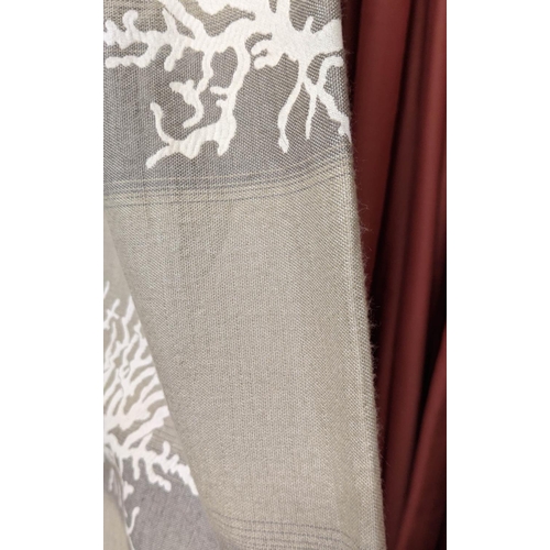 492 - CURTAINS, pair, with cream and grey decoration on a gold ground, cream linen linings. 290cm drop x 1... 