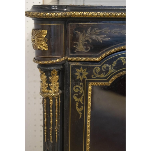 270 - PIER CABINET, Victorian ebonised, brass mounted and inlaid with glazed door enclosing velvet lined i... 