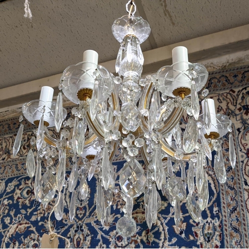 295 - CHANDELIER, approx 50cm W x 40cm H, glass with six branches and a pair of mirrored and metal wall li... 