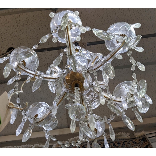 295 - CHANDELIER, approx 50cm W x 40cm H, glass with six branches and a pair of mirrored and metal wall li... 