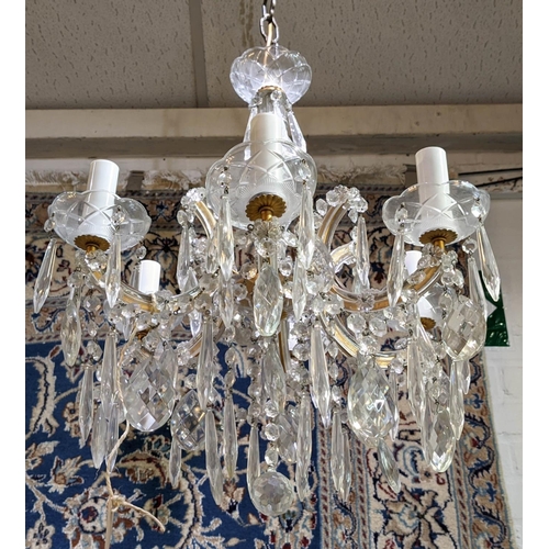 295 - CHANDELIER, approx 50cm W x 40cm H, glass with six branches and a pair of mirrored and metal wall li... 