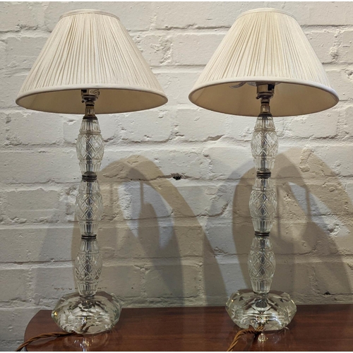 78 - TABLE LAMPS, a pair, each 55cm H overall, including shades, cut glass columns and another pair of gl... 