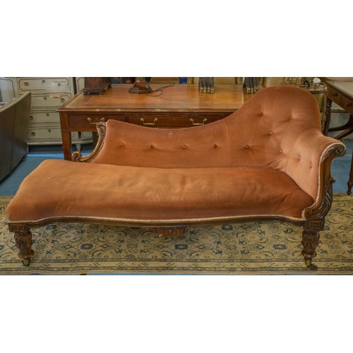 286 - CHAISE LONGUE, Victorian rosewood, circa 1850, in dusky pink velour on brass castors, 91cm H x 177cm... 