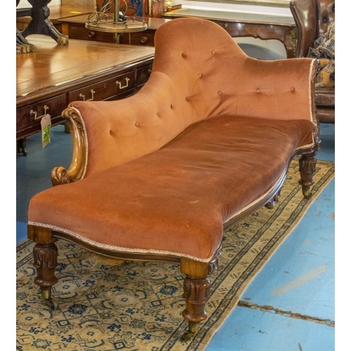 286 - CHAISE LONGUE, Victorian rosewood, circa 1850, in dusky pink velour on brass castors, 91cm H x 177cm... 