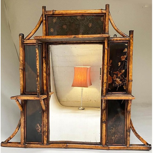 292 - WALL MIRROR, 19th century bamboo framed and Japanese lacquer panelled with bevelled mirror and shelv... 