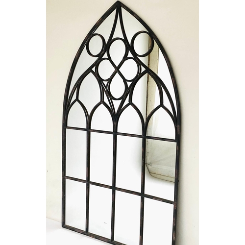 289 - GARDEN MIRROR, distressed metal Gothic tracery framed, 217cm H x 126cm.