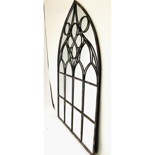 289 - GARDEN MIRROR, distressed metal Gothic tracery framed, 217cm H x 126cm.