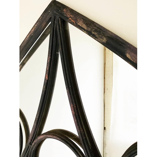 289 - GARDEN MIRROR, distressed metal Gothic tracery framed, 217cm H x 126cm.