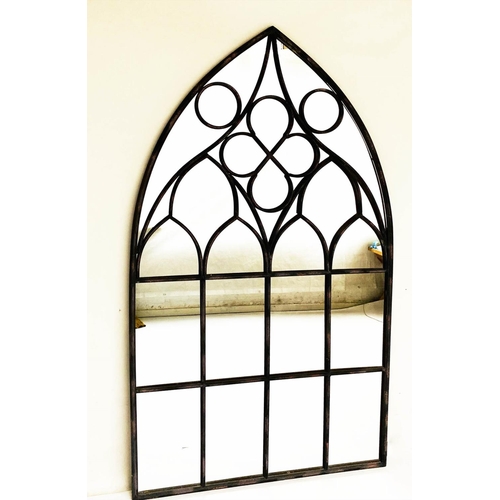 289 - GARDEN MIRROR, distressed metal Gothic tracery framed, 217cm H x 126cm.