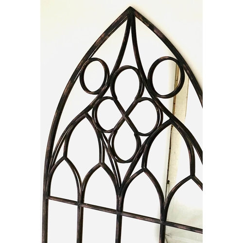 289 - GARDEN MIRROR, distressed metal Gothic tracery framed, 217cm H x 126cm.