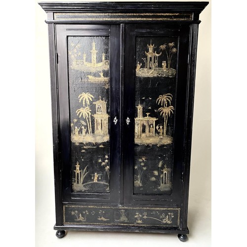 288 - CHINOISERIE ARMOIRE, 19th century, with applied early gilt Chinoiserie panels, having two doors encl... 