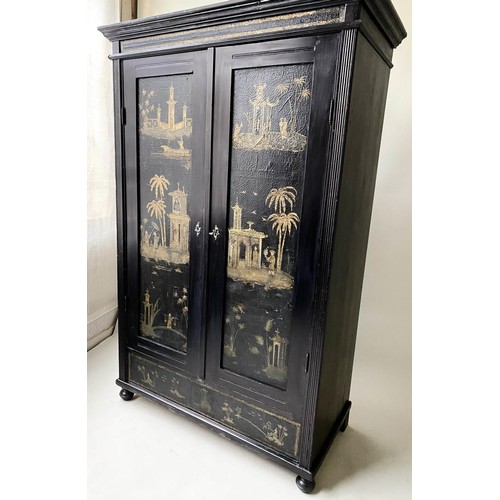 288 - CHINOISERIE ARMOIRE, 19th century, with applied early gilt Chinoiserie panels, having two doors encl... 