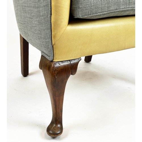 152 - WING ARMCHAIR, Georgian design, tan leather and linen upholstered, 106cm H x 72cm W.