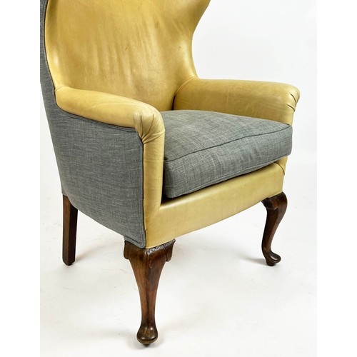 152 - WING ARMCHAIR, Georgian design, tan leather and linen upholstered, 106cm H x 72cm W.