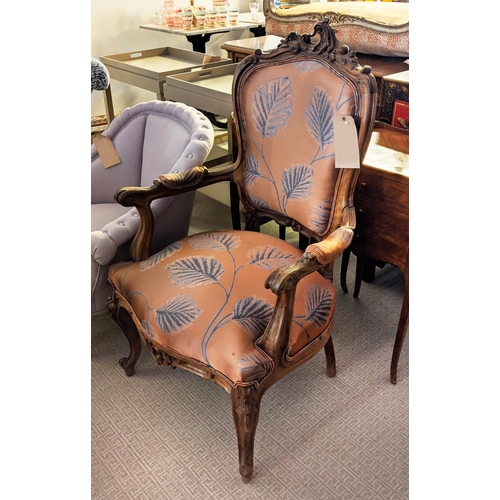 156 - FAUTEUILS, a pair, late 19th century Italian walnut in  Versus Copper leaf patterned fabric by Jane ... 