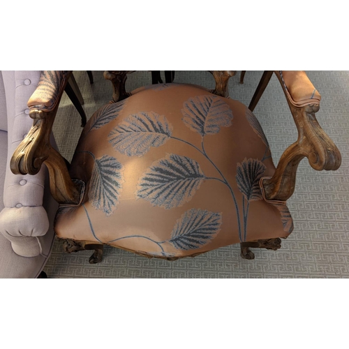 156 - FAUTEUILS, a pair, late 19th century Italian walnut in  Versus Copper leaf patterned fabric by Jane ... 