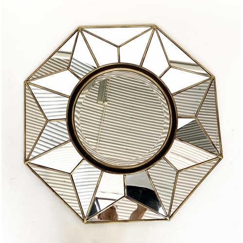 112 - WALL MIRROR, octagonal framed marginal with central bevelled circular mirror, 88cm W.