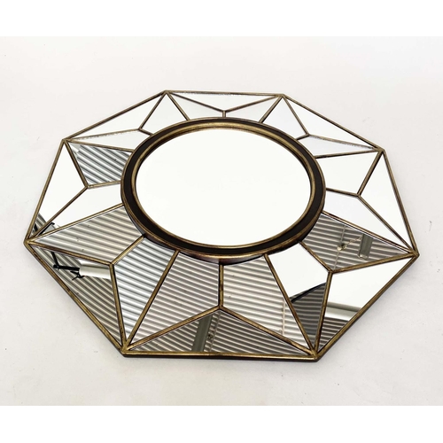 112 - WALL MIRROR, octagonal framed marginal with central bevelled circular mirror, 88cm W.