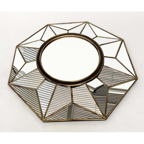 112 - WALL MIRROR, octagonal framed marginal with central bevelled circular mirror, 88cm W.