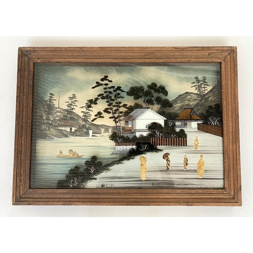 114 - JAPANESE REVERSE PAINTING, rectangular rural landscape with figures, 70cm x 50cm H.