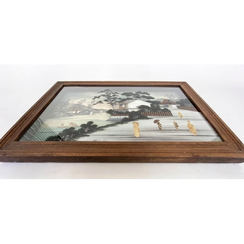 114 - JAPANESE REVERSE PAINTING, rectangular rural landscape with figures, 70cm x 50cm H.