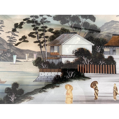 114 - JAPANESE REVERSE PAINTING, rectangular rural landscape with figures, 70cm x 50cm H.