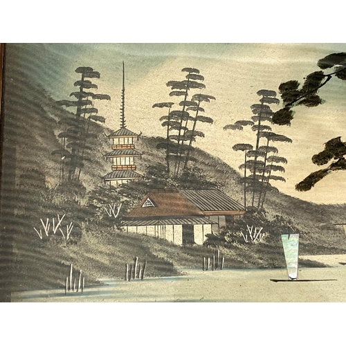 114 - JAPANESE REVERSE PAINTING, rectangular rural landscape with figures, 70cm x 50cm H.