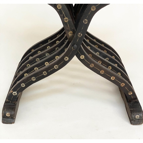 116 - SAVONAROLA ARMCHAIR, 19th century Milanese ebony veneered and bone inlaid of folding form, 74cm W.