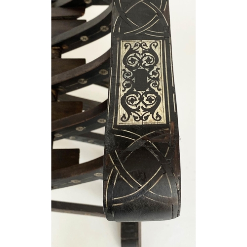 116 - SAVONAROLA ARMCHAIR, 19th century Milanese ebony veneered and bone inlaid of folding form, 74cm W.