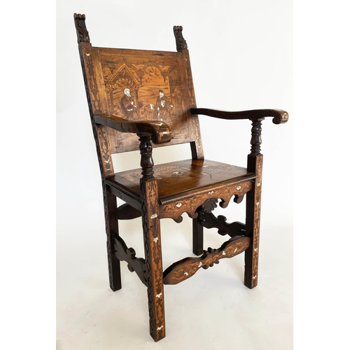 122 - ITALIAN ARMCHAIR, 19th century Italian walnut, maple and bone inlay of joined construction, 52cm W.