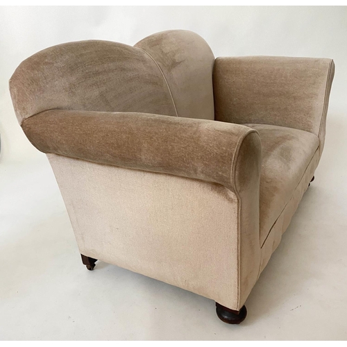 125 - SOFA, 140cm W x 159cm arm down Edwardian two seater with drop arm and button taupe velvet upholstery... 