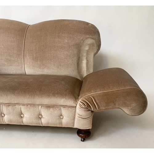 125 - SOFA, 140cm W x 159cm arm down Edwardian two seater with drop arm and button taupe velvet upholstery... 