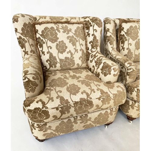 127 - ARMCHAIRS, a pair, two tone sand brocade upholstered with turned front supports, 89cm W. (2)