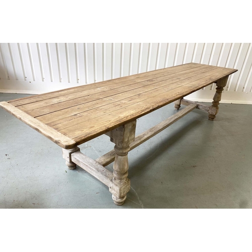 131 - HARVEST TABLE, traditional English planked and cleated on substantial turned stretchered supports, 3... 