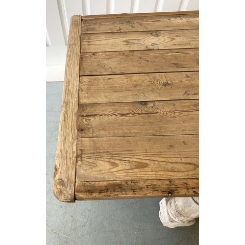 131 - HARVEST TABLE, traditional English planked and cleated on substantial turned stretchered supports, 3... 