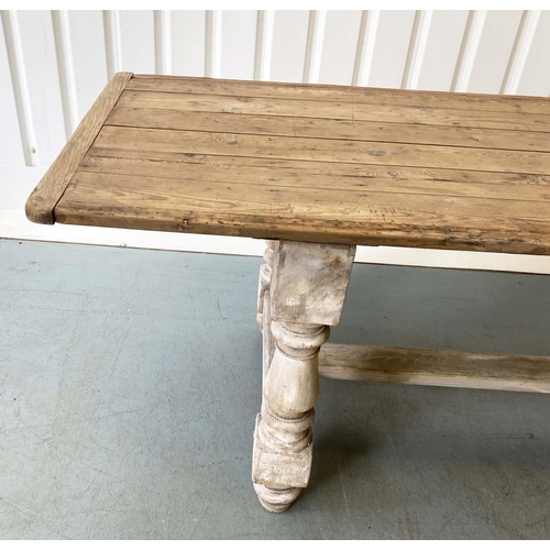 131 - HARVEST TABLE, traditional English planked and cleated on substantial turned stretchered supports, 3... 